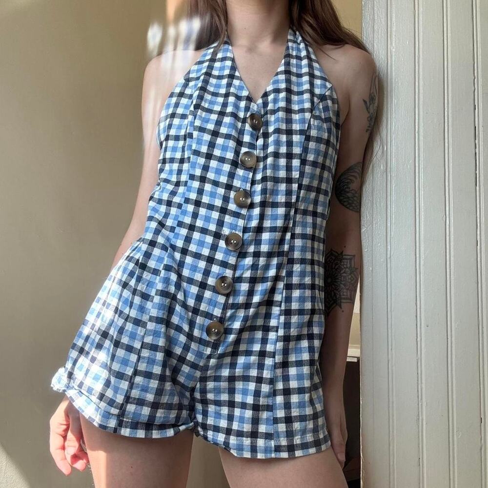 Urban Outfitters Blue Plaid Picnic Halter Romper XS Cotton Cottage Spring Summer